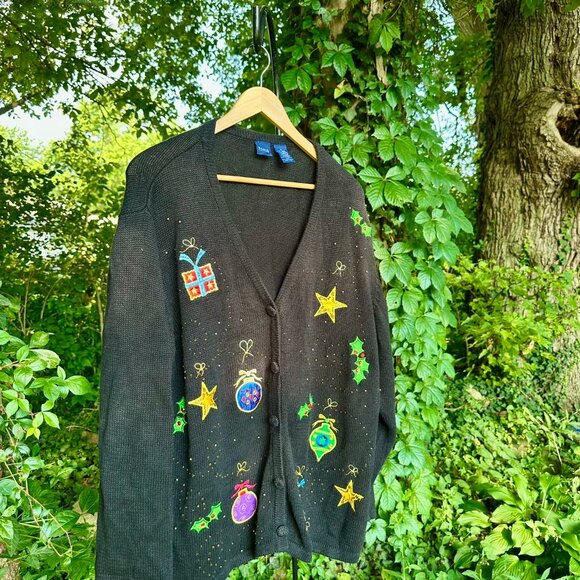 Vintage 90's Basic Editions Black Bedazzled Christmas Sweater Cardigan 3XL - Picture 6 of 7